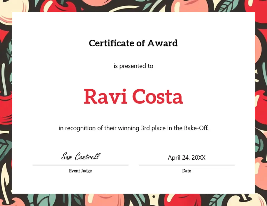 Baking contest award certificate